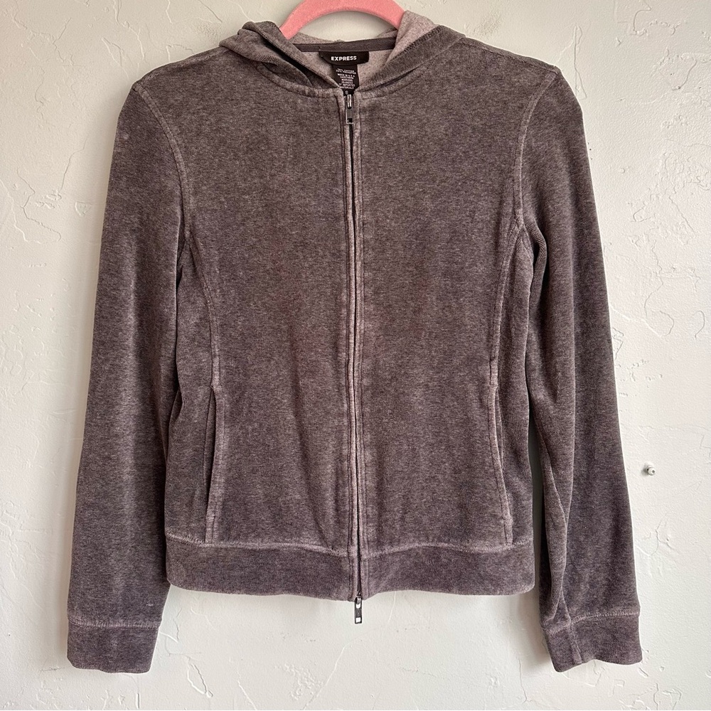 VTG Y2K Express Women's Terry Velour Gray Zip-Up Hoodie Jacket‎ Small EUC